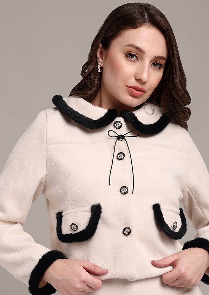 Off-White Blazer Skirt Set with Fur Detailing