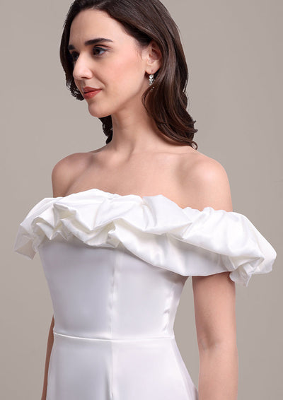 White Ruffle Off-Shoulder Mini Dress IKI CHIC Private Ltd.