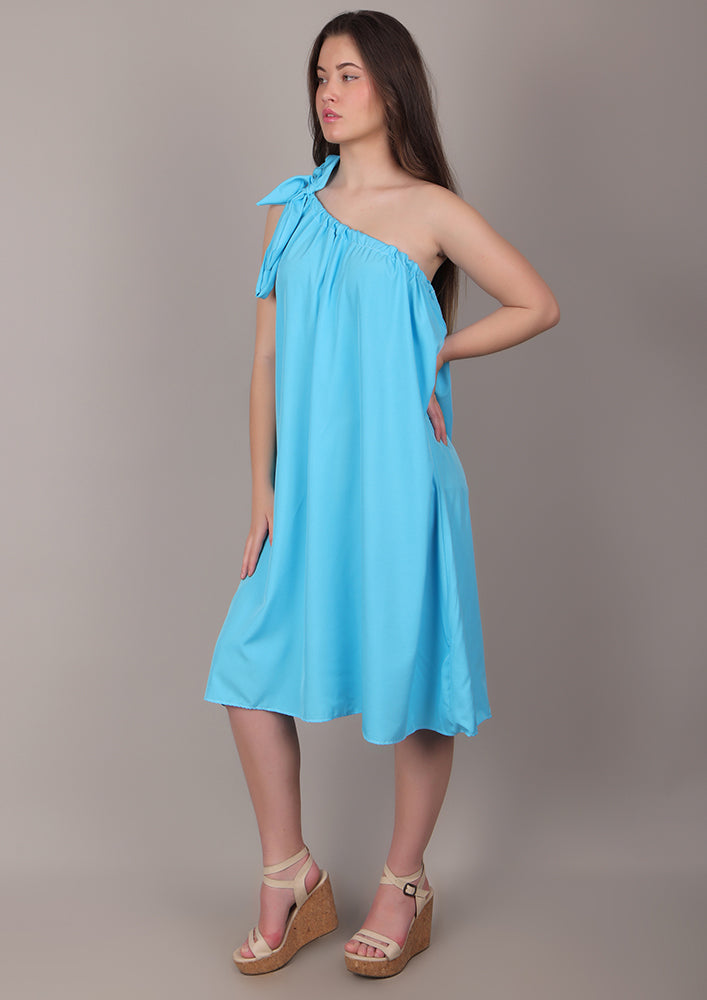 Sky Blue One-Shoulder Tie-Up Midi Dress