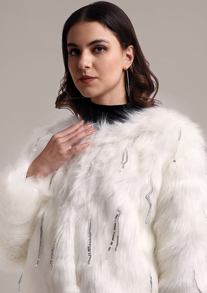 White Fur Jacket with Metallic Fringes