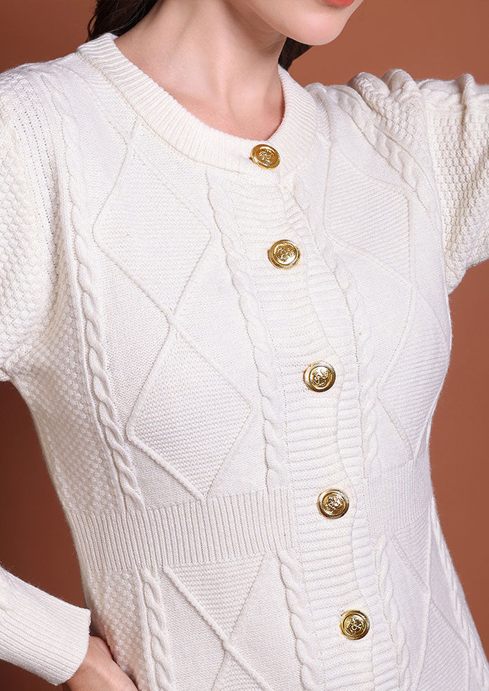 Ivory Cable-Knit Mini Dress with Gold Button Detail