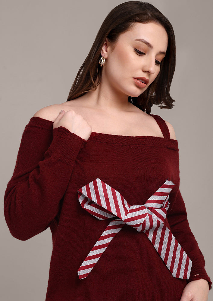 Maroon Knitted Sweater with Bow and Raw Hems