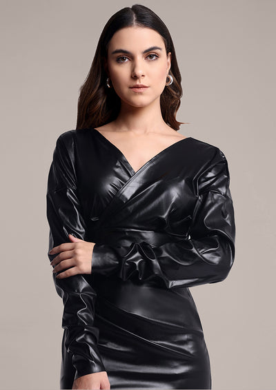 Black Leather Wrap Neck Mini Dress