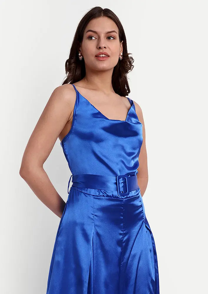 Blue Satin Cowl Neck Strappy Jumpsuit IKI CHIC