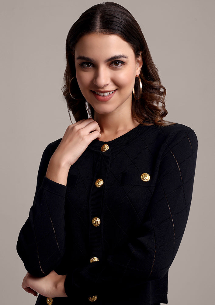 Black Three-Piece Woolen Cardigan & Skirt Set