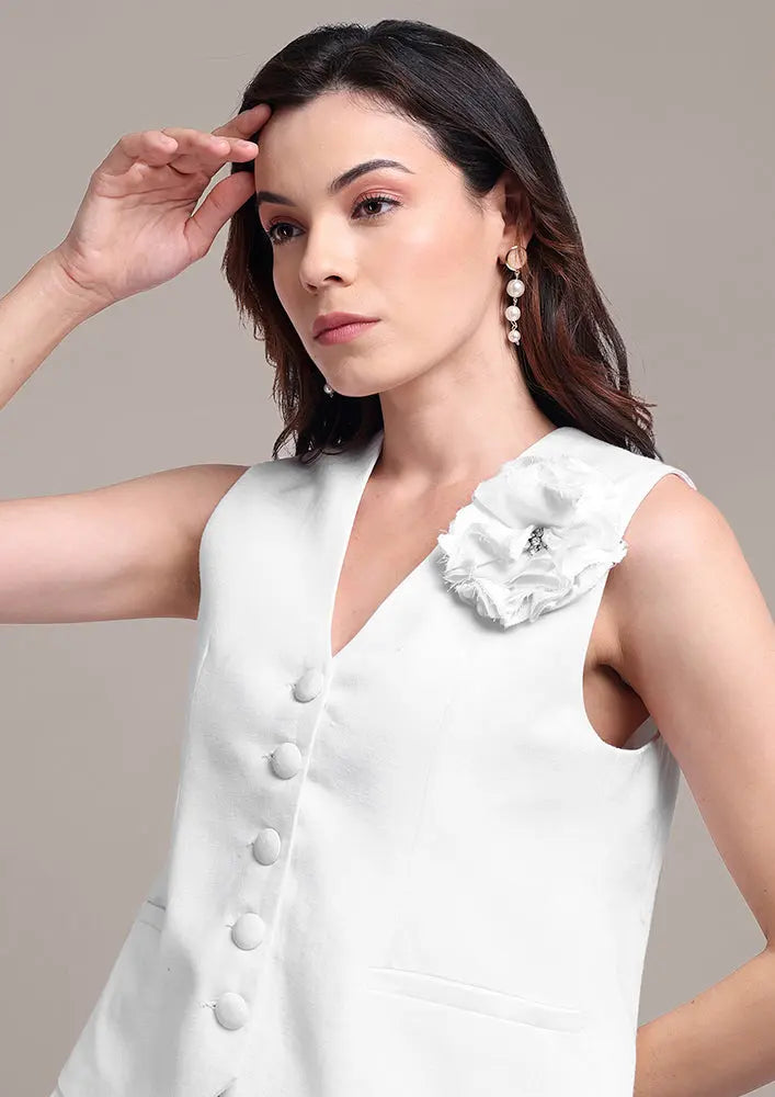 White Sleeveless Front Button-Up Vest With High Waisted Pants IKI CHIC Private Ltd