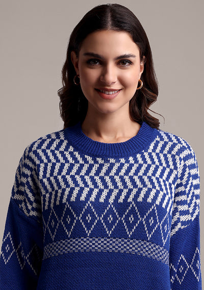 Blue Round Neck Oversized Knitted Sweater