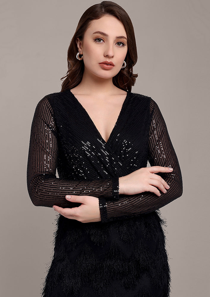 Black Sequin Wrap Dress with Fringes