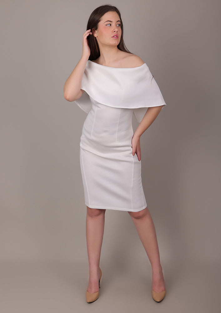 White Off-Shoulder Scuba Midi Dress