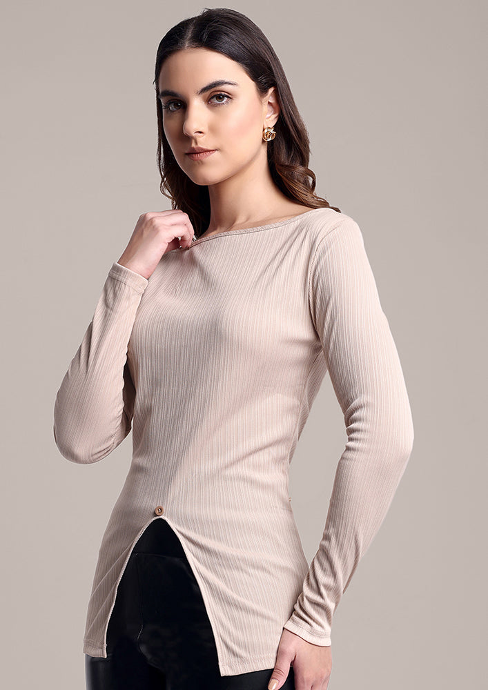 Beige Sweater with Button and slit Detail