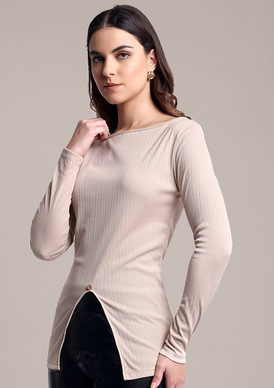 Beige Sweater with Button and slit Detail