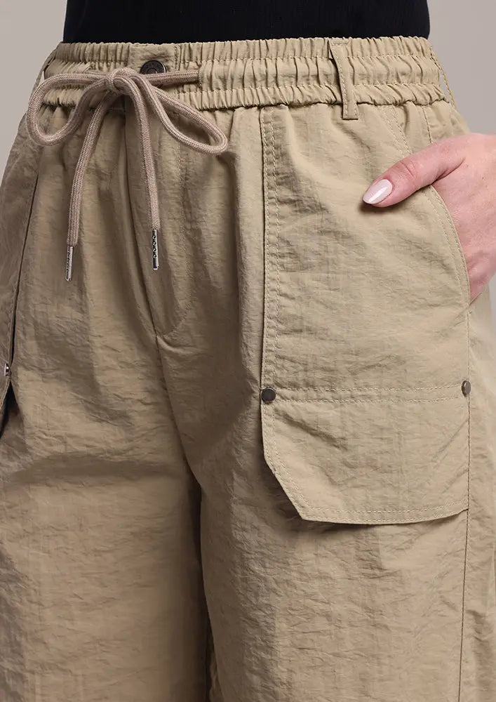 Beige Cargo Pants with Waist and Hem Strings IKI CHIC Private Ltd