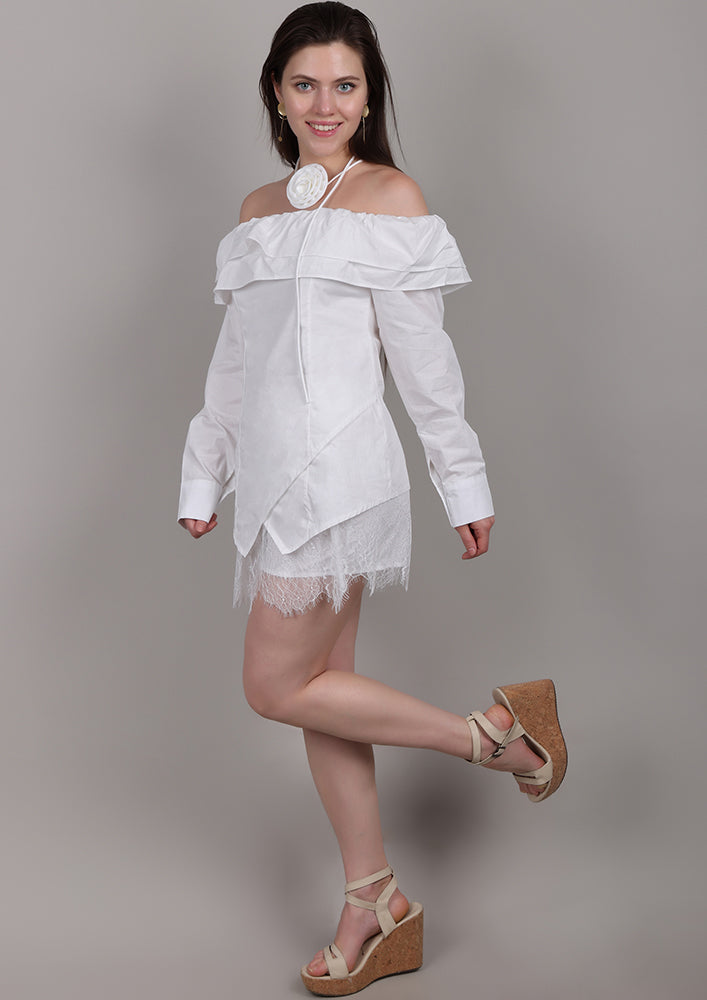 White Off-Shoulder Set with Front Ruffles & Rose Neck Accessory IKI CHIC Private Ltd.