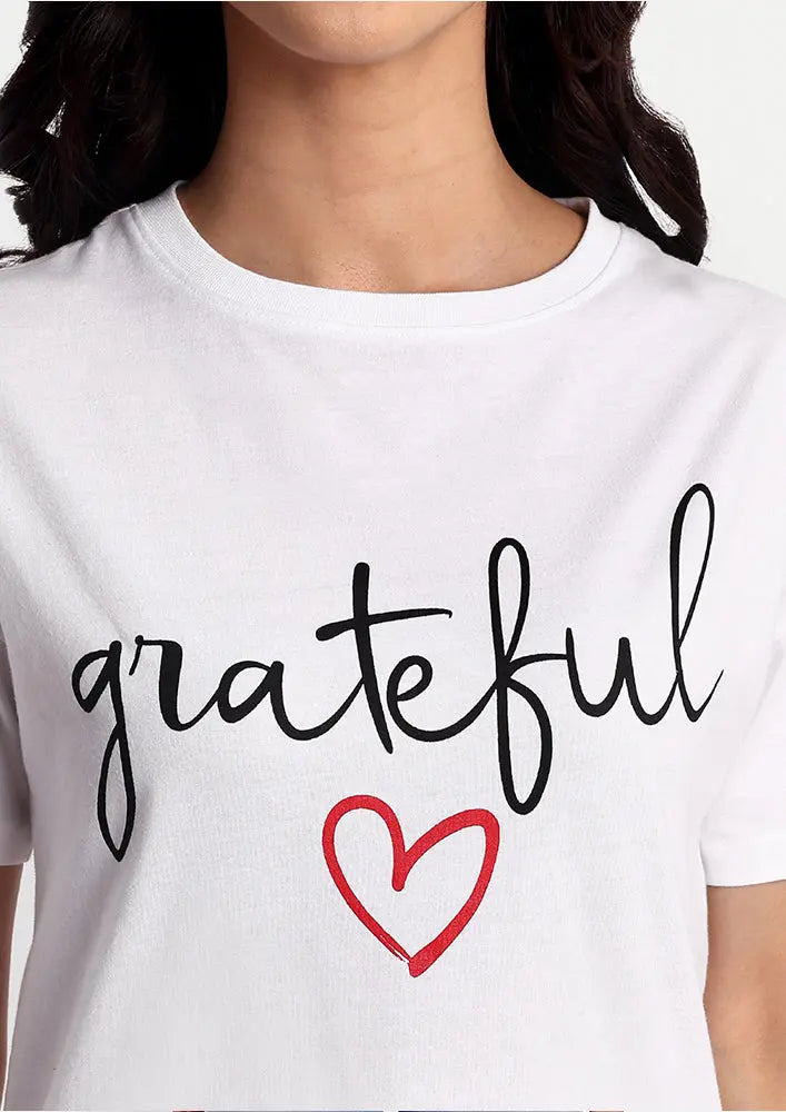 White Grateful Print Short Sleeve T-Shirt IKI CHIC Private Ltd