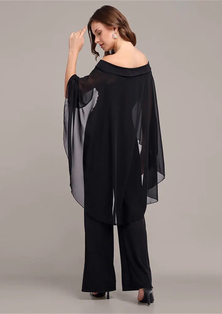 Black drape off-shoulder jumpsuit IKI CHIC Private Ltd