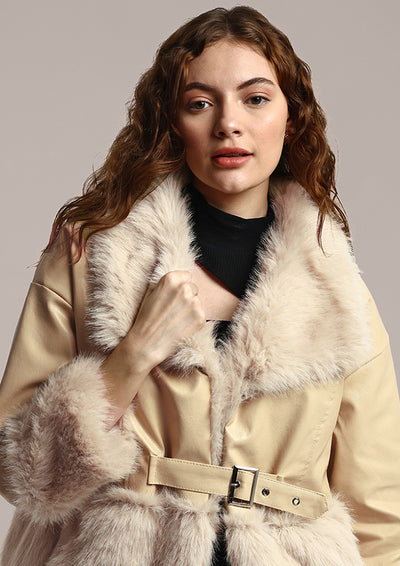 Beige Faux Fur Embellished Leather Jacket