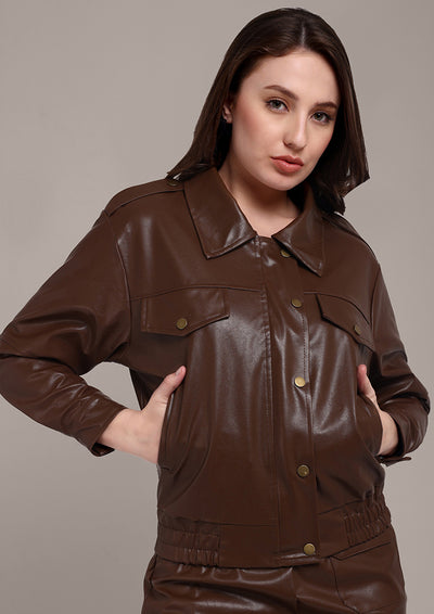 Brown Leather Jacket and Belted Mini Skirt Set