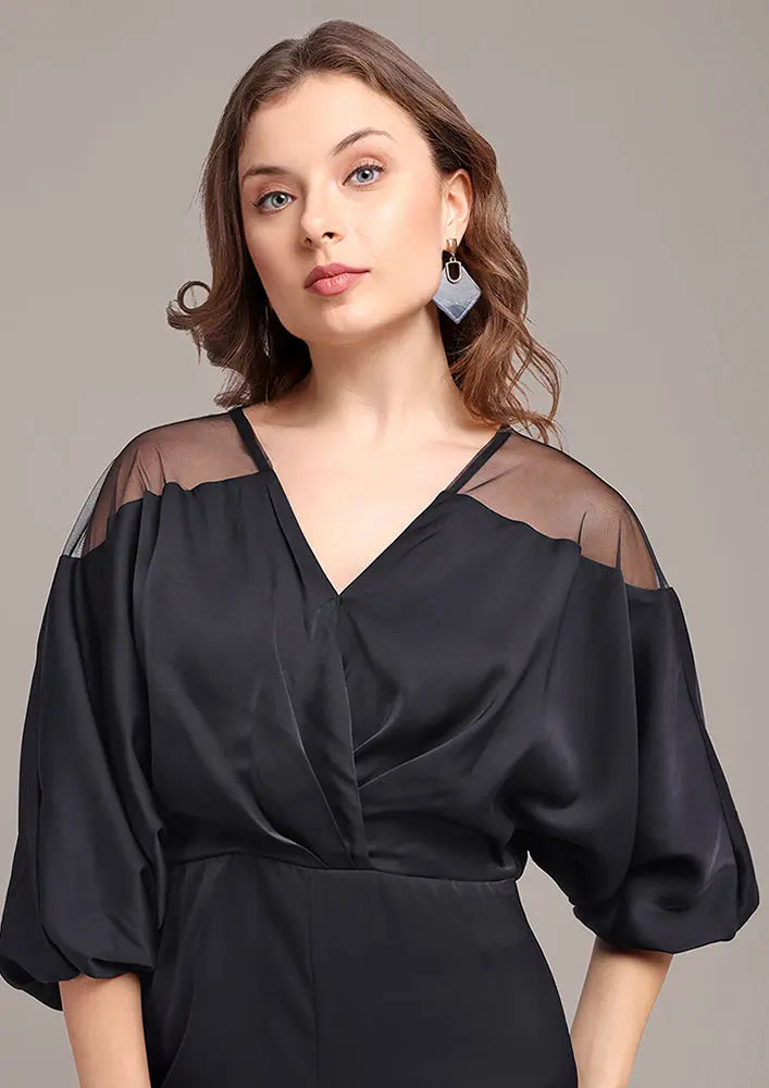 Black V-Neck Wide-Leg Jumpsuit IKI CHIC Private Ltd