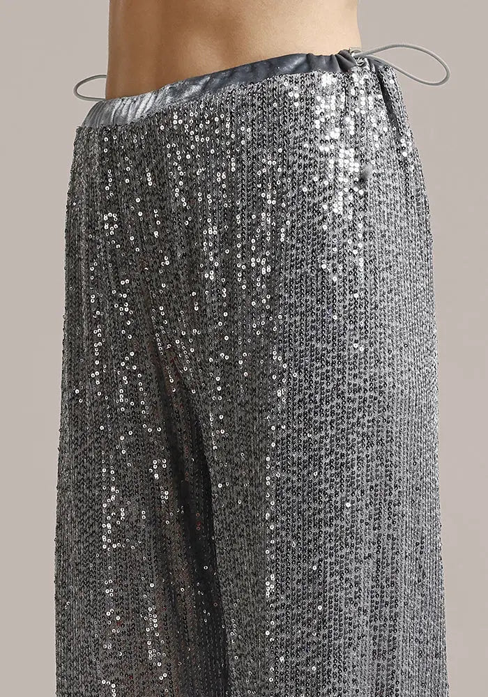 Silver Grey Sequin Wide Leg Pants IKI CHIC