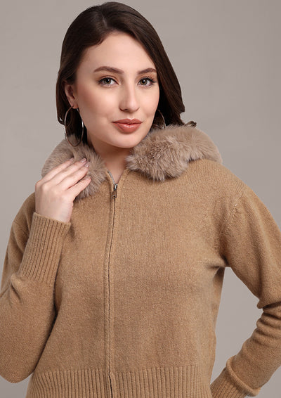 Beige Cardigan with Furry Collar Zip