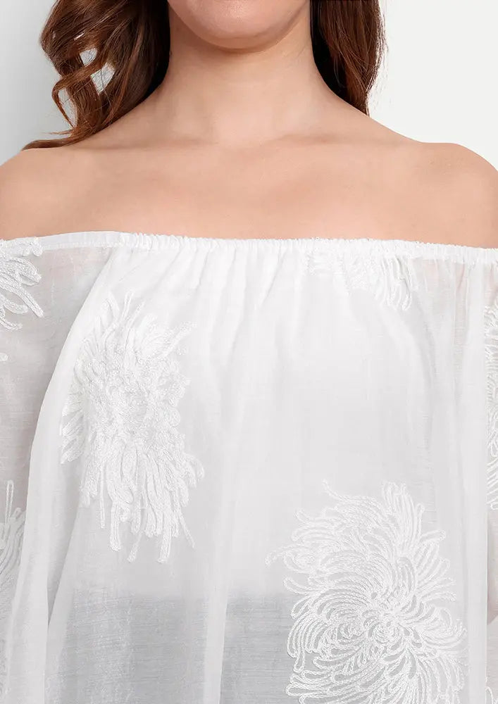 White Embroidered Blouse With Long Puff Sleeves IKI CHIC Private Ltd