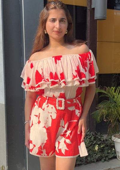 Red & Beige, printed off-shoulder short Set IKI CHIC Private Ltd.