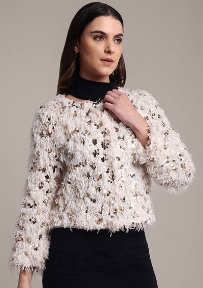 Fur Sequins front Open Cardigan