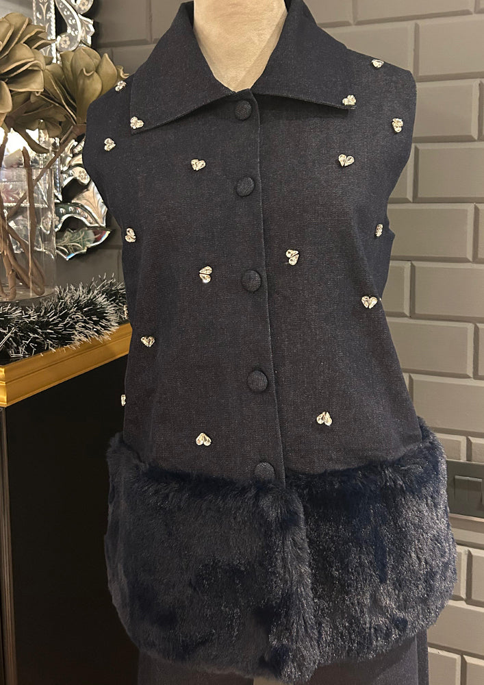 Swarovski-Embellished Denim Vest with Fur