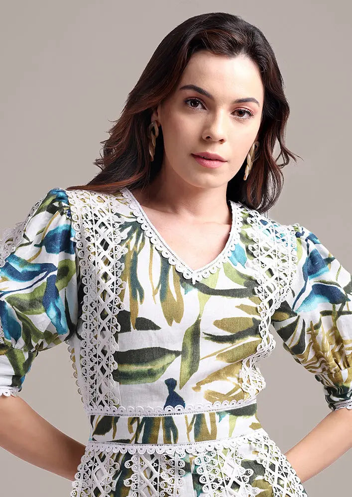 Tropical Print V-Neck Romper With Lace Detailing IKI CHIC Private Ltd