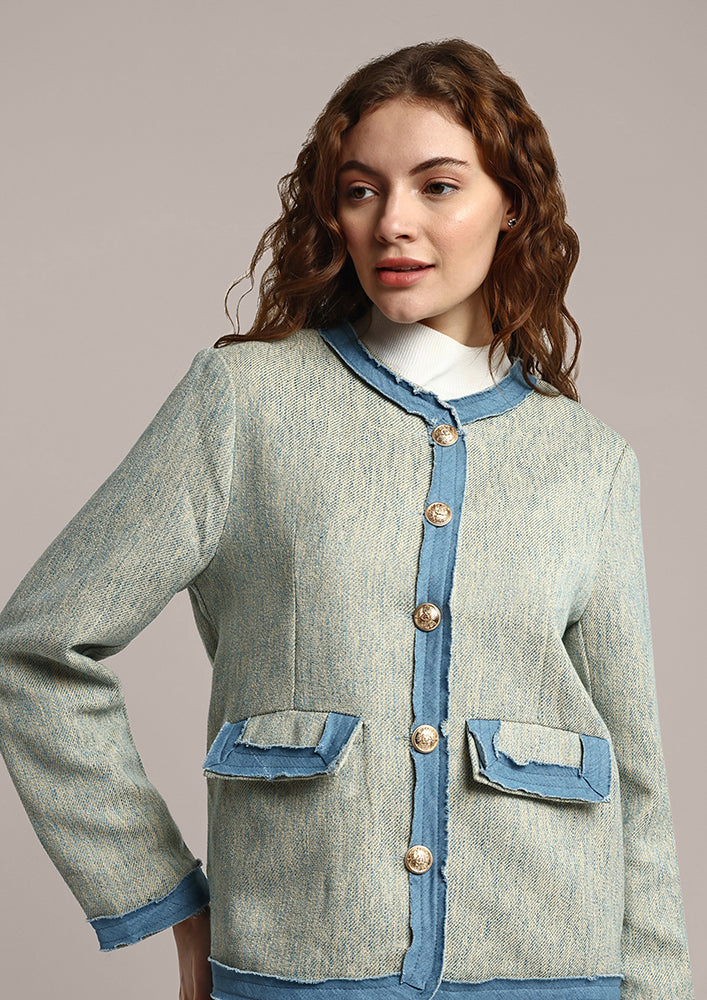 Women Vintage Tweed Blazer With Button Detailing
