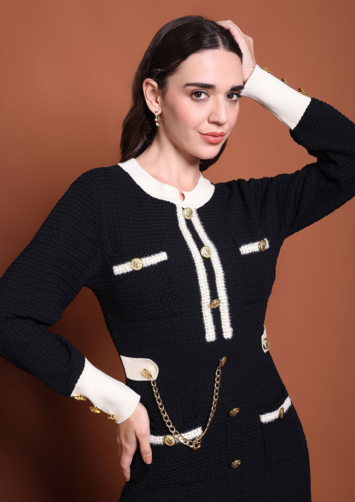 Black Textured Mini Dress with Gold Button Detail