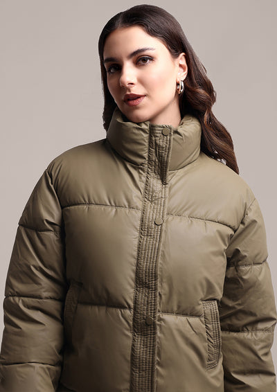 Olive Green Stand Collar Puffer Jacket