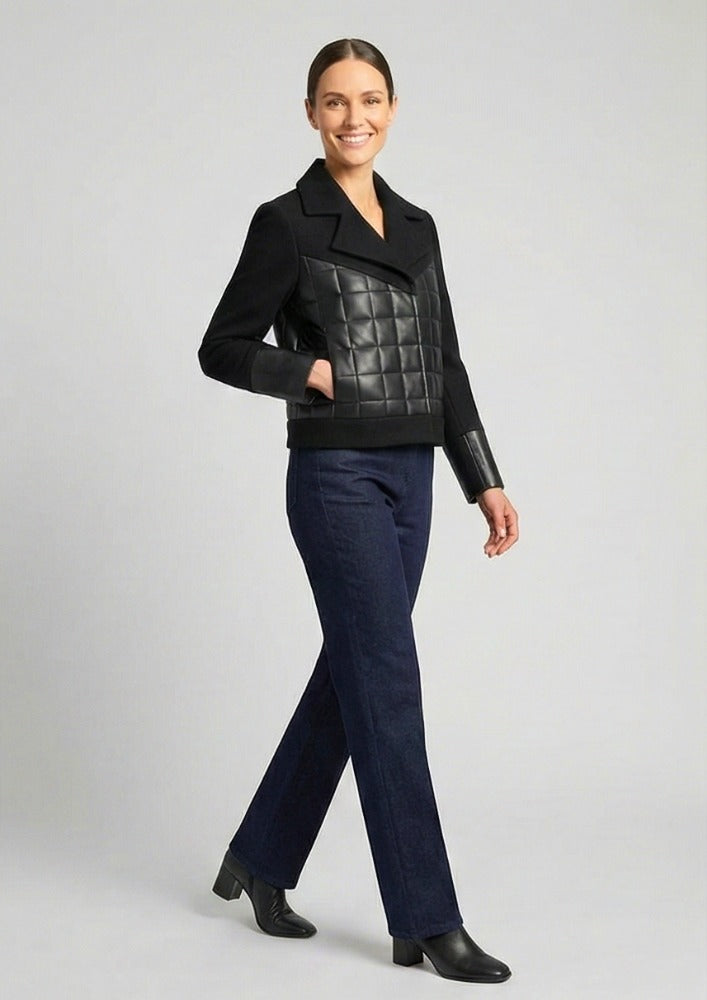 Black Woollen Short Jacket with Leather Quilting
