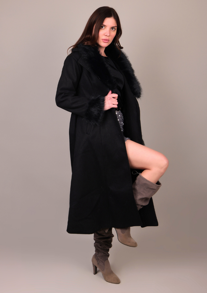 Black Long Fur-Trimmed Coat IKI CHIC Private Ltd.