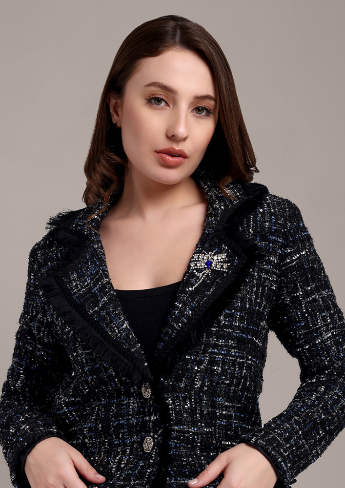 Blue Black Tweed Skirt Set with Brooch detailing