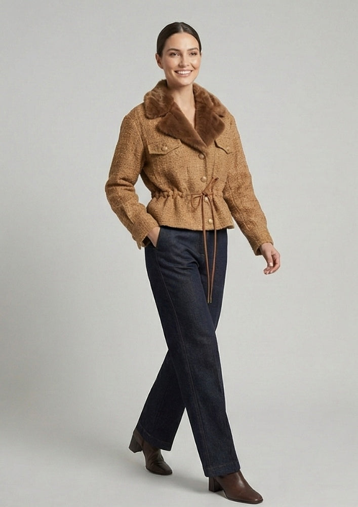 Brown Tweed Fur Collar Waist Tie-Up Jacket