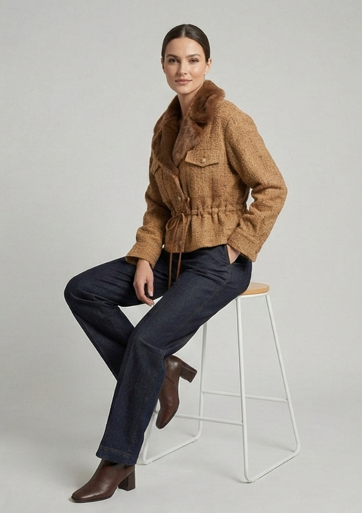 Brown Tweed Fur Collar Waist Tie-Up Jacket