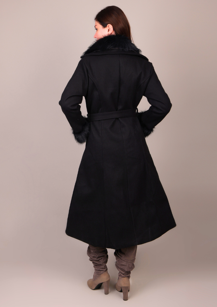 Black Long Fur-Trimmed Coat IKI CHIC Private Ltd.