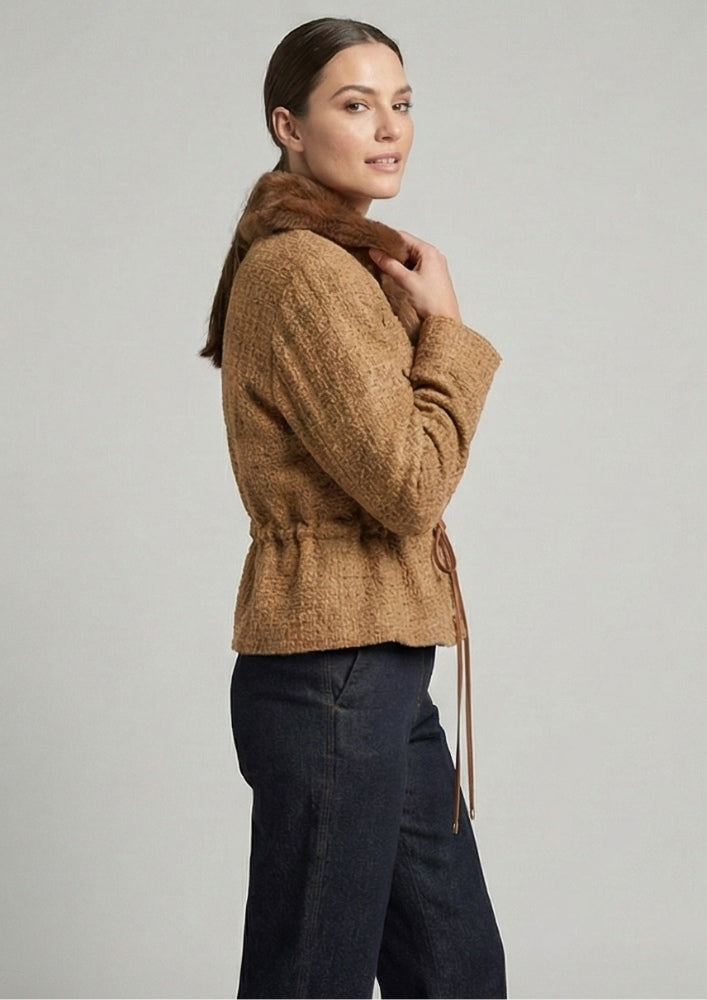 Brown Tweed Fur Collar Waist Tie-Up Jacket