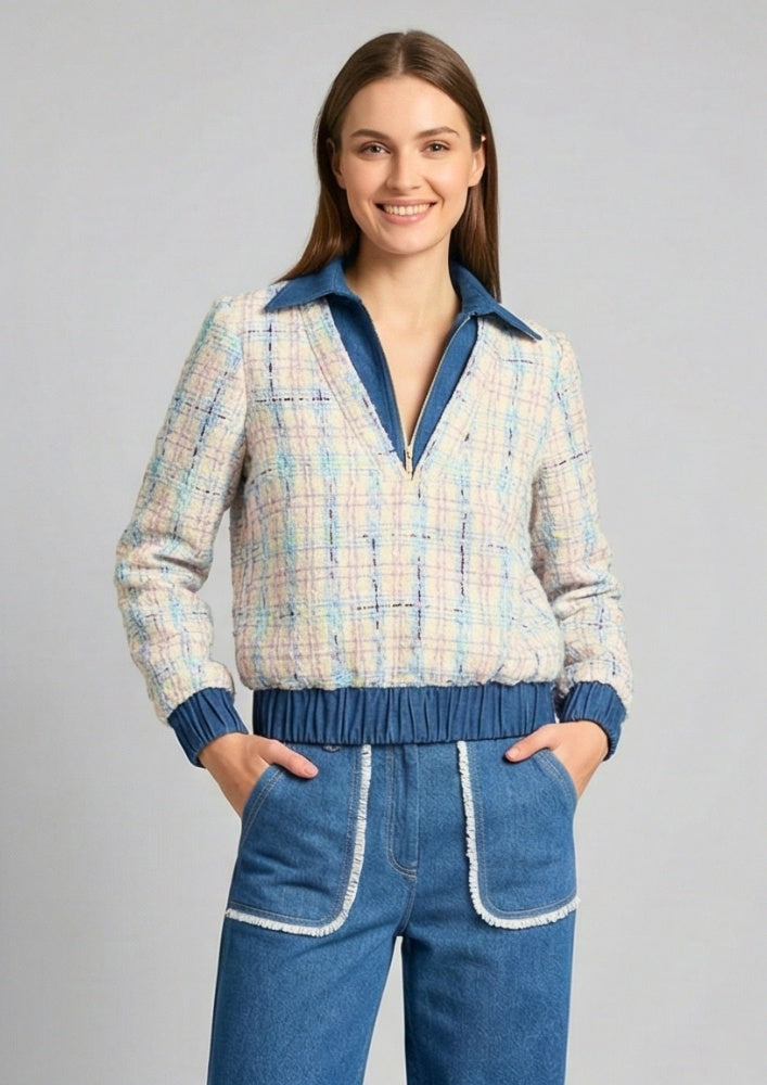 Candy Blue Tweed Denim Collar Sweater  Co-ord Set With Pant