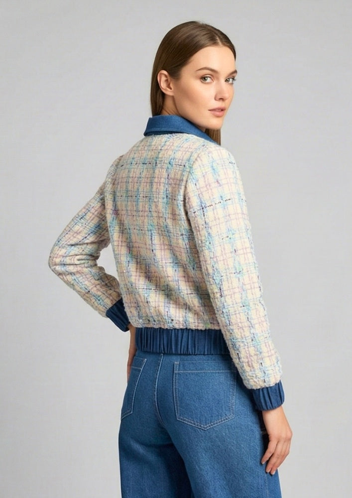 Candy Blue Tweed Denim Collar Sweater