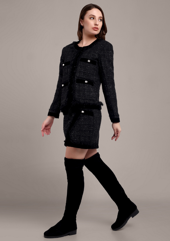 Black-Silver Tweed Skirt and Blazer Set