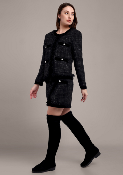 Black-Silver Tweed Skirt and Blazer Set