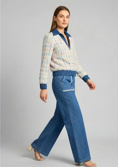 Candy Blue Tweed Denim Collar Sweater