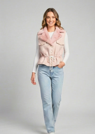 Peachish Pink Tweed Fur Collar Waist Tie-Up Jacket