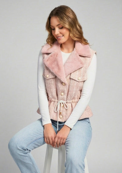 Peachish Pink Tweed Fur Collar Waist Tie-Up Jacket