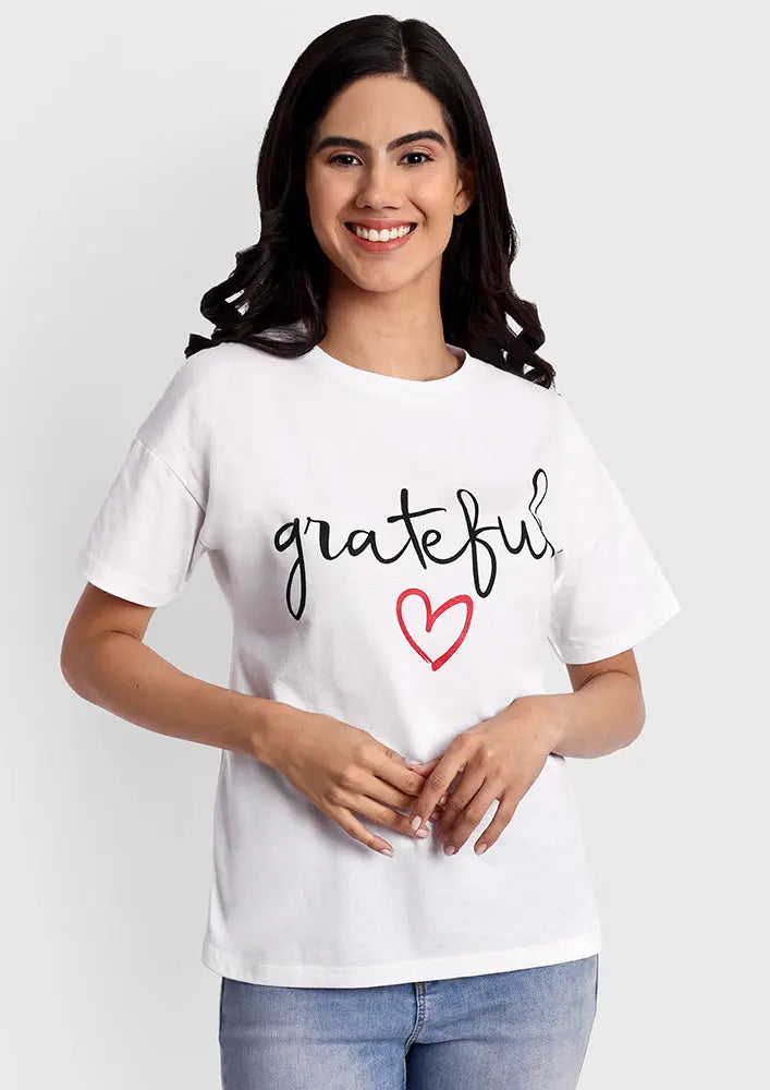 White Grateful Print Short Sleeve T-Shirt IKI CHIC Private Ltd