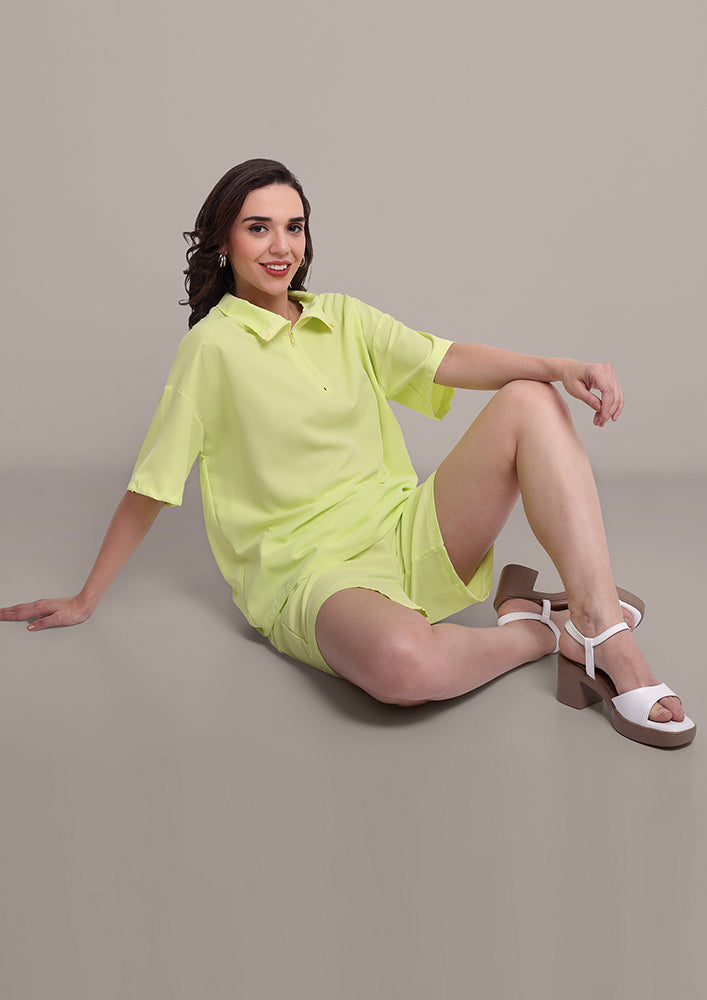 Fluorescent Green Solid T-Shirt with Shorts Set IKI CHIC Private Ltd.