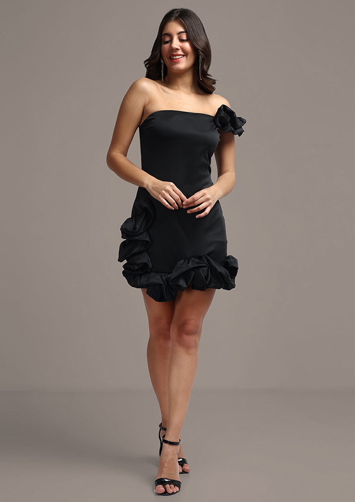Black One Shoulder Ruffle Hem Bodycon Mini Dress