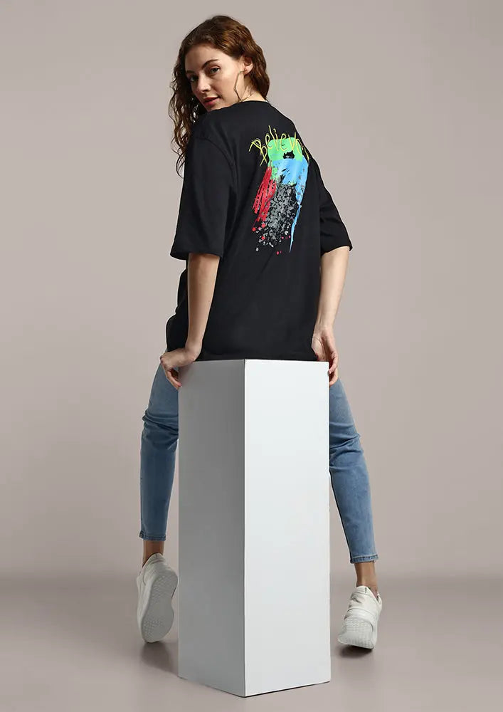 Believer Print Oversized Black Gen-Z Unisex T-shirt IKI CHIC Private Ltd
